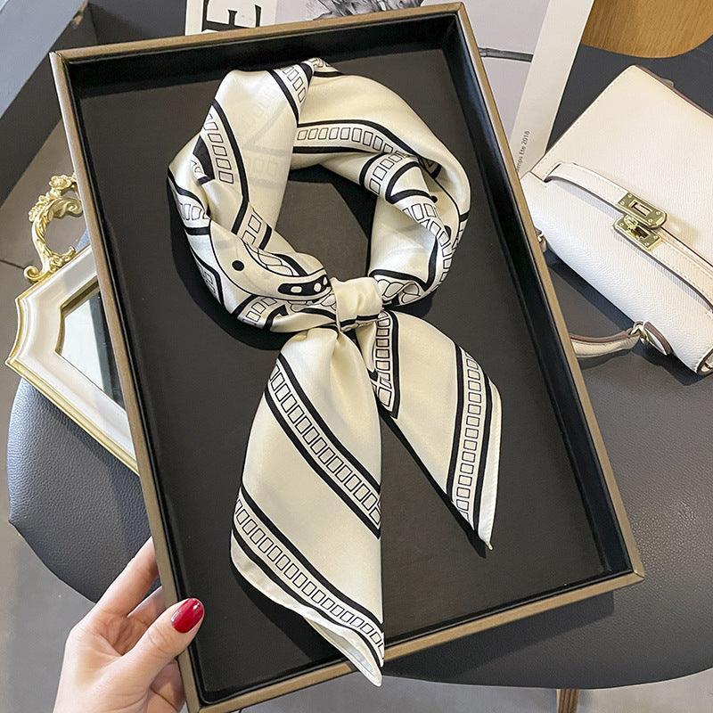 Minimalist Black and White Saddle Chain mulberry silk scarf/65CM 100% mulberry silk scarf/Silk shawl/Gift for her