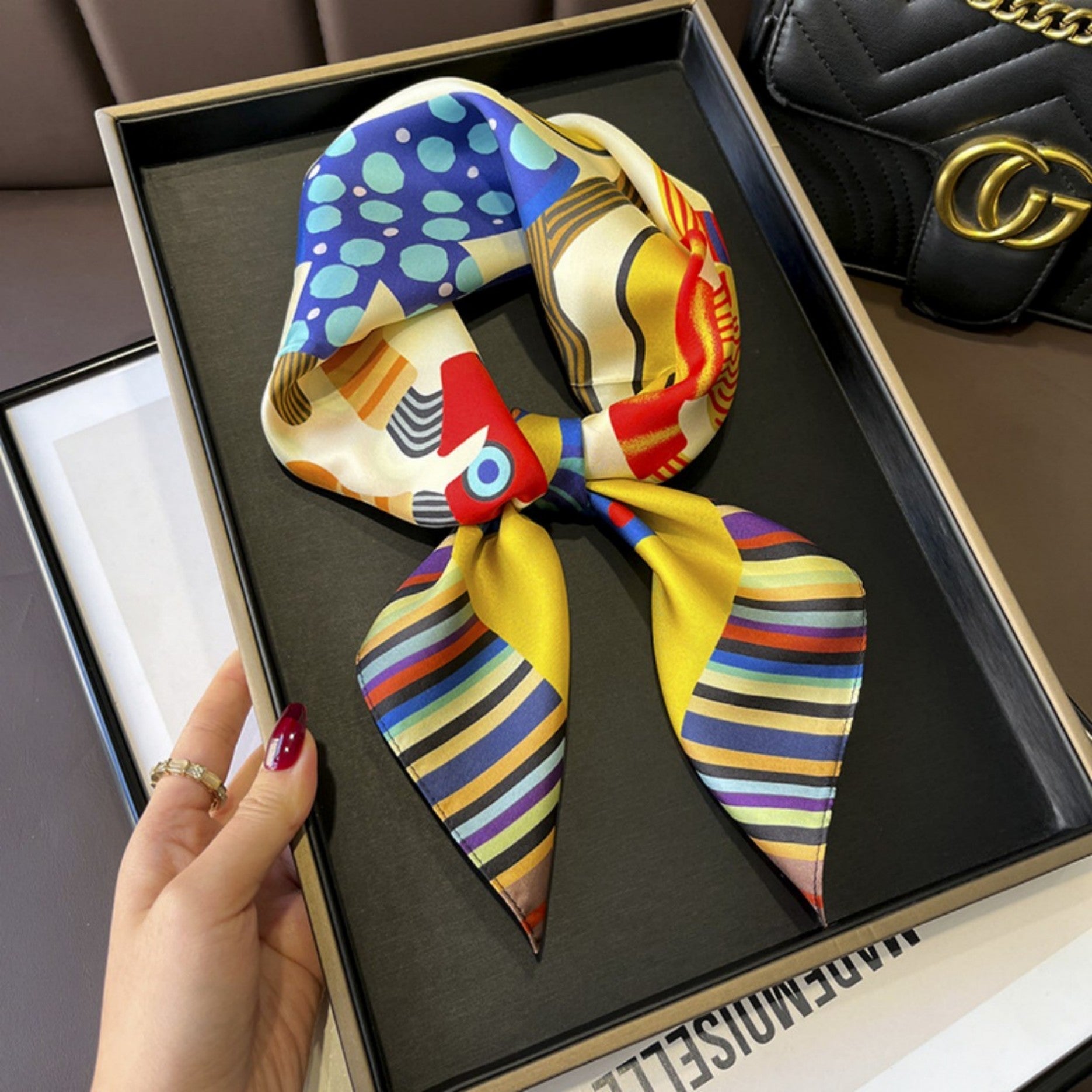 Colorful Cartoon Bengal Cat Silk Scarf – 100% Mulberry Silk Twill 65CM | Luxury Silk Shawl | Gift for Her