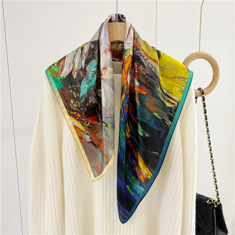 New Arrival: Living Colour Oil Painting Impact 100% Mulberry Silk Scarf - 65CM Square Shawl, Elegant Gift for Her