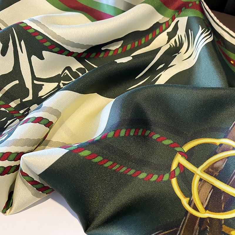 Dark Green Stallion Chain Pattern Luxurious 65cm Mulberry Silk Square Scarf/Hand-Rolled Hem/Small Neck Scarf/Gift For Her