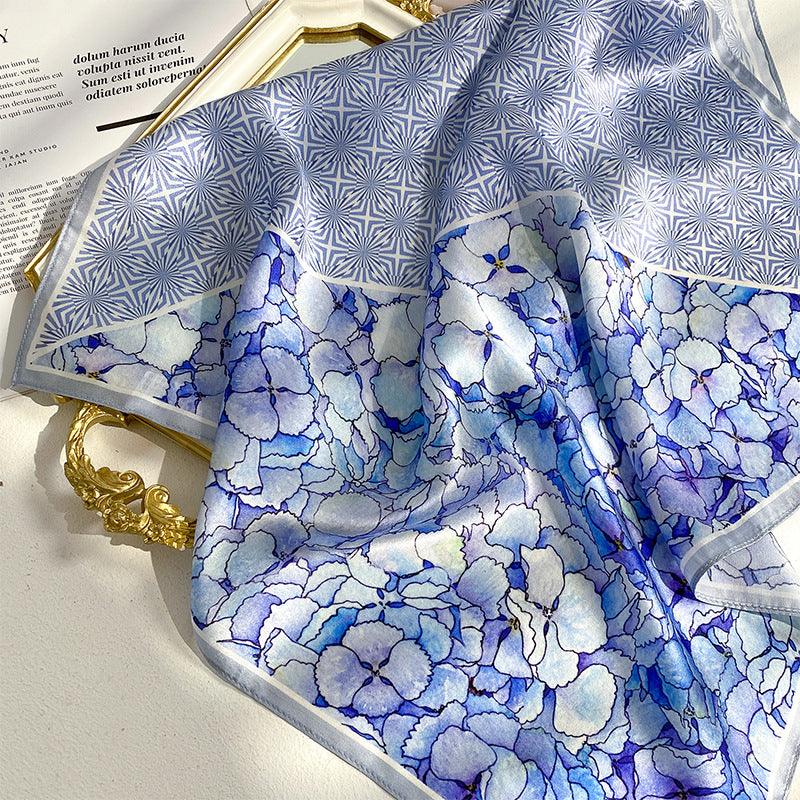 Blue flowers 100% mulberry Silk Scarf/Silk head scarf/Silk hair scarf/Silk neck scarf/Mother's Day Gifts/Bag Accessory/Gift for her
