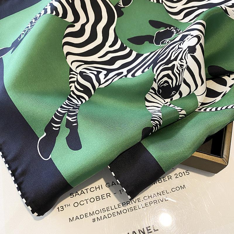Green/White Zebra Pattern Luxurious 65cm Mulberry Silk Square Scarf/Hand-Rolled Hem/Small Neck Scarf/Gift For Her