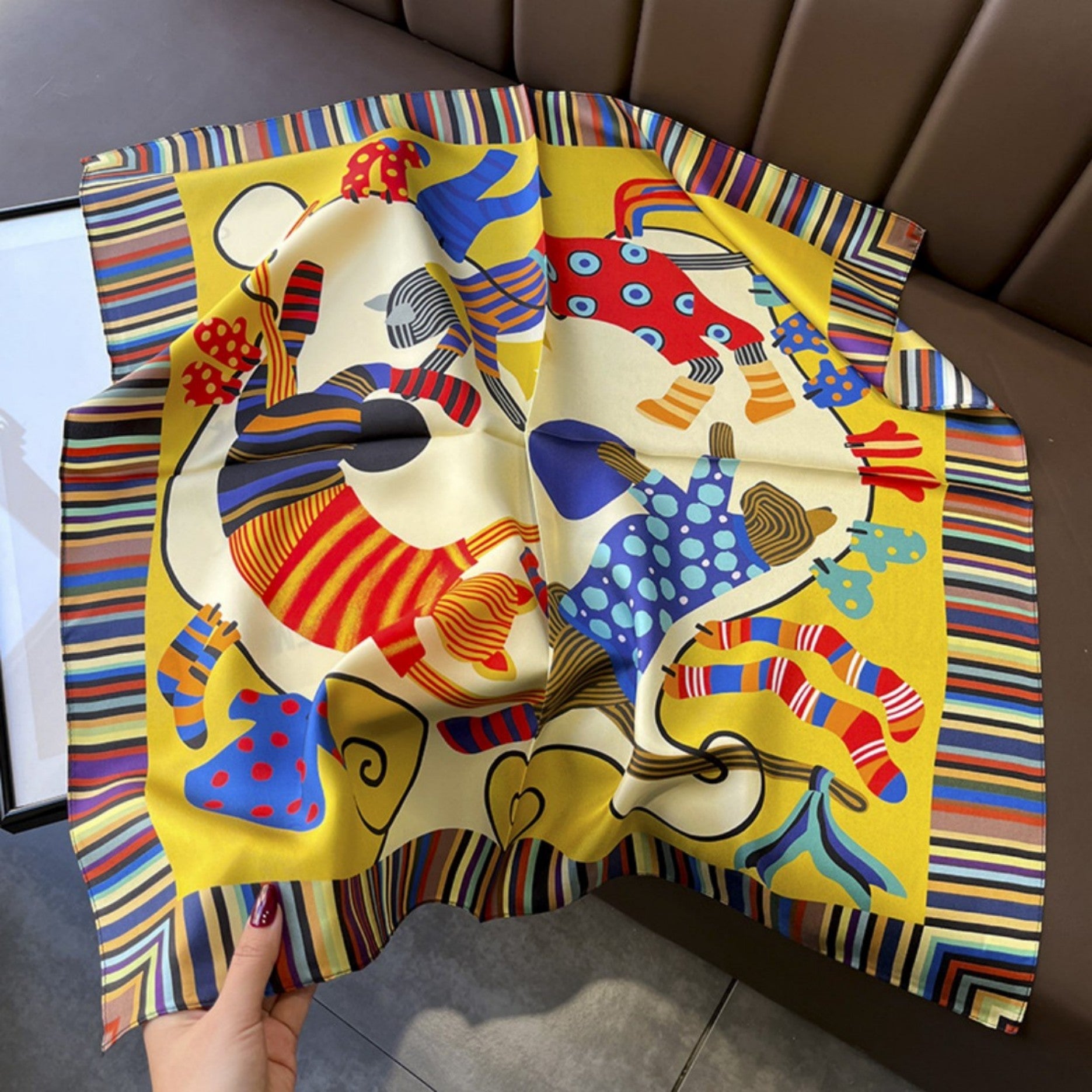 Colorful Cartoon Bengal Cat Silk Scarf – 100% Mulberry Silk Twill 65CM | Luxury Silk Shawl | Gift for Her