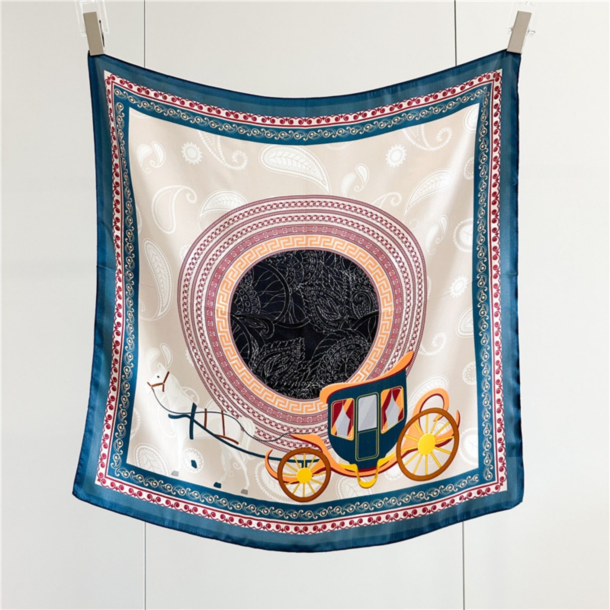 26'' Classic Carriage & Paisley Mulberry Silk Scarf – Timeless Women’s Square Shawl with Heritage-Inspired Design