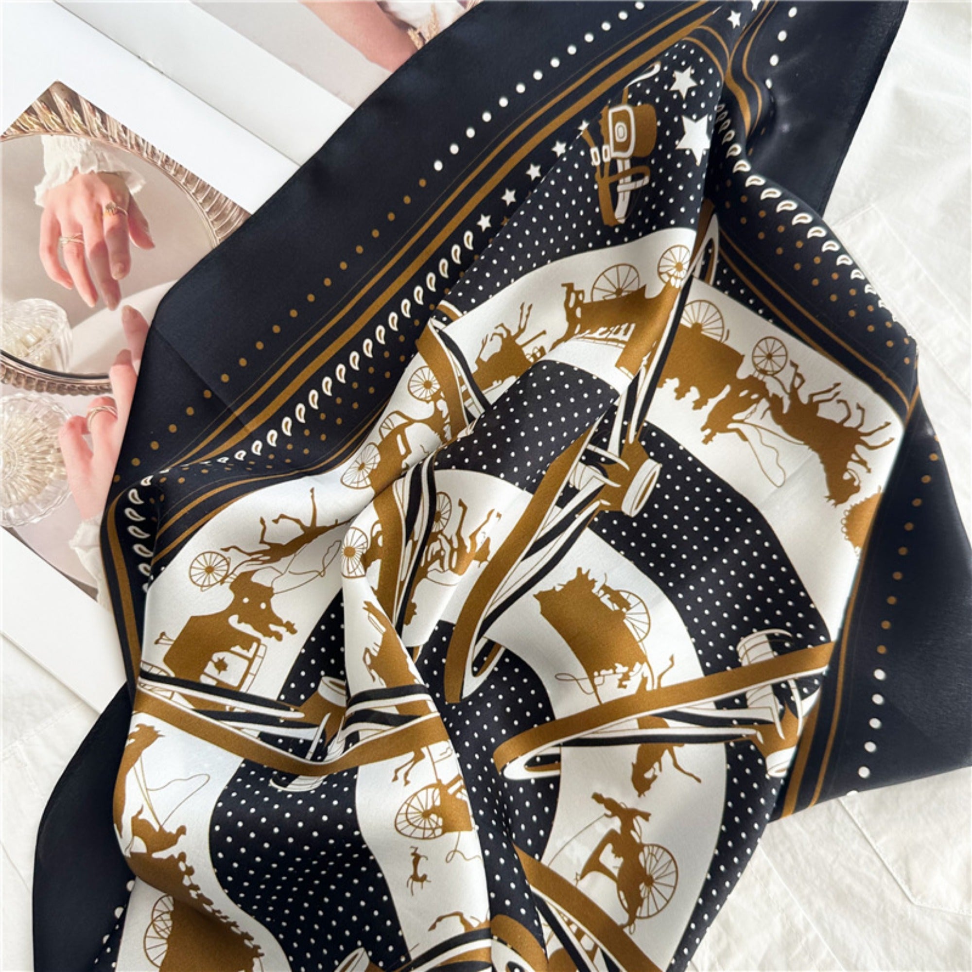 26'' Carriage Wheel Mulberry Silk Scarf – Elegant Vintage-Inspired Square Silk Shawl for Women, Classic Accessory