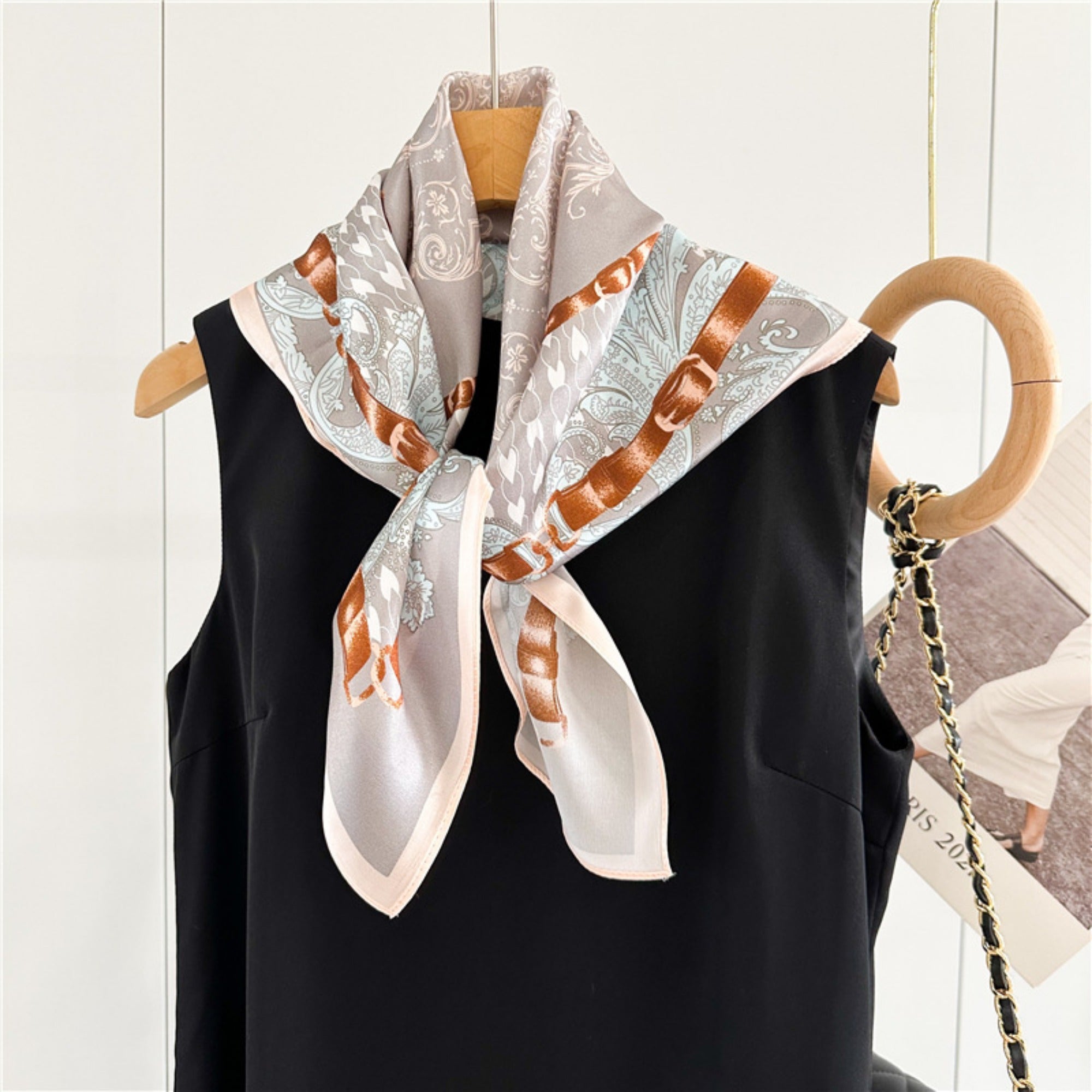 26'' Gray Pink Floral Mulberry Silk Scarf – Elegant Floral Square Silk Shawl for Women, Soft & Feminine Accessory