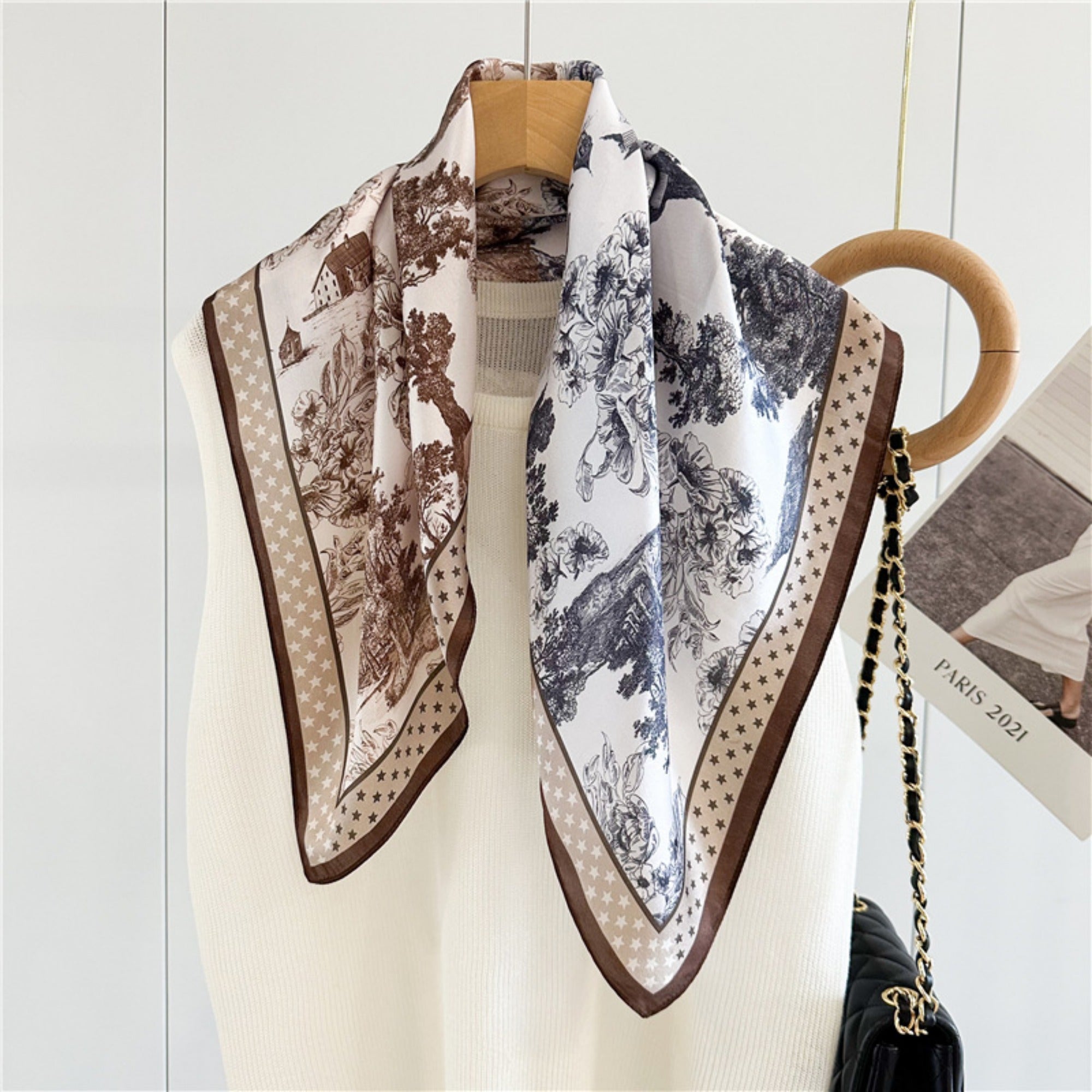 26'' Vintage Jungle Mulberry Silk Scarf with Coffee Border – Bold & Retro Square Silk Shawl for Women, Tropical Jungle Design