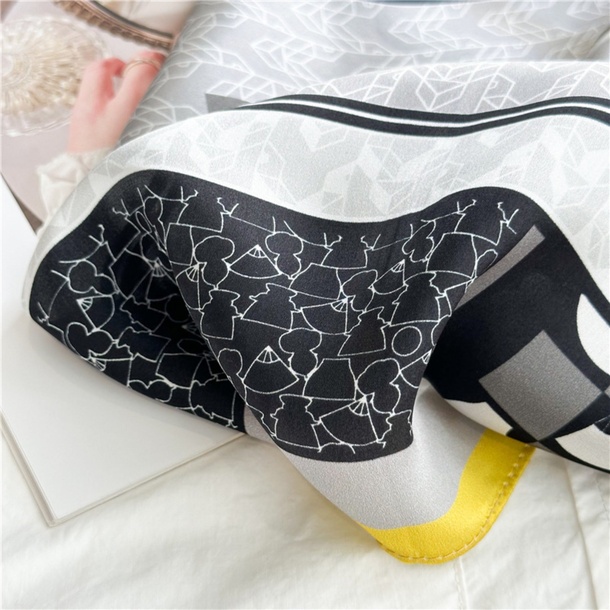 26'' Puzzle Yellow Border Mulberry Silk Scarf – Modern Geometric Square Silk Shawl for Women, Elegant and Unique Accessory