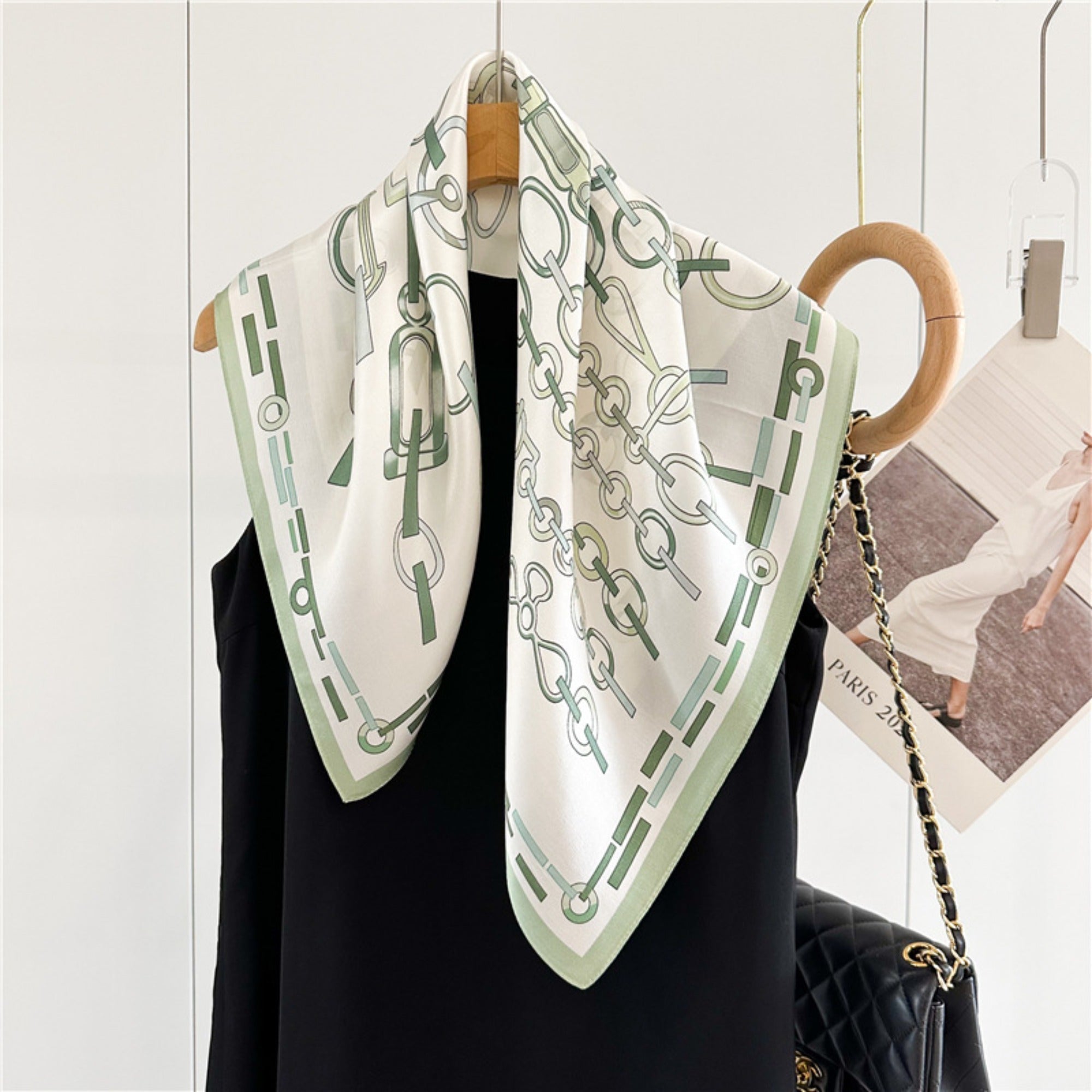 26'' Minimalist Green Lock Mulberry Silk Scarf – Simple & Elegant Square Silk Shawl for Women, Modern Chic Accessory