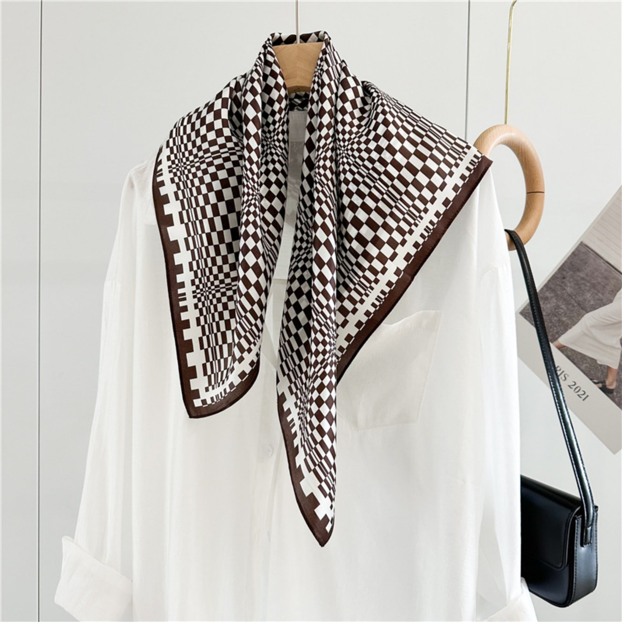 26'' Coffee Plaid Mulberry Silk Scarf – Sophisticated Women’s Square Shawl with a Classic, Elegant Check Pattern