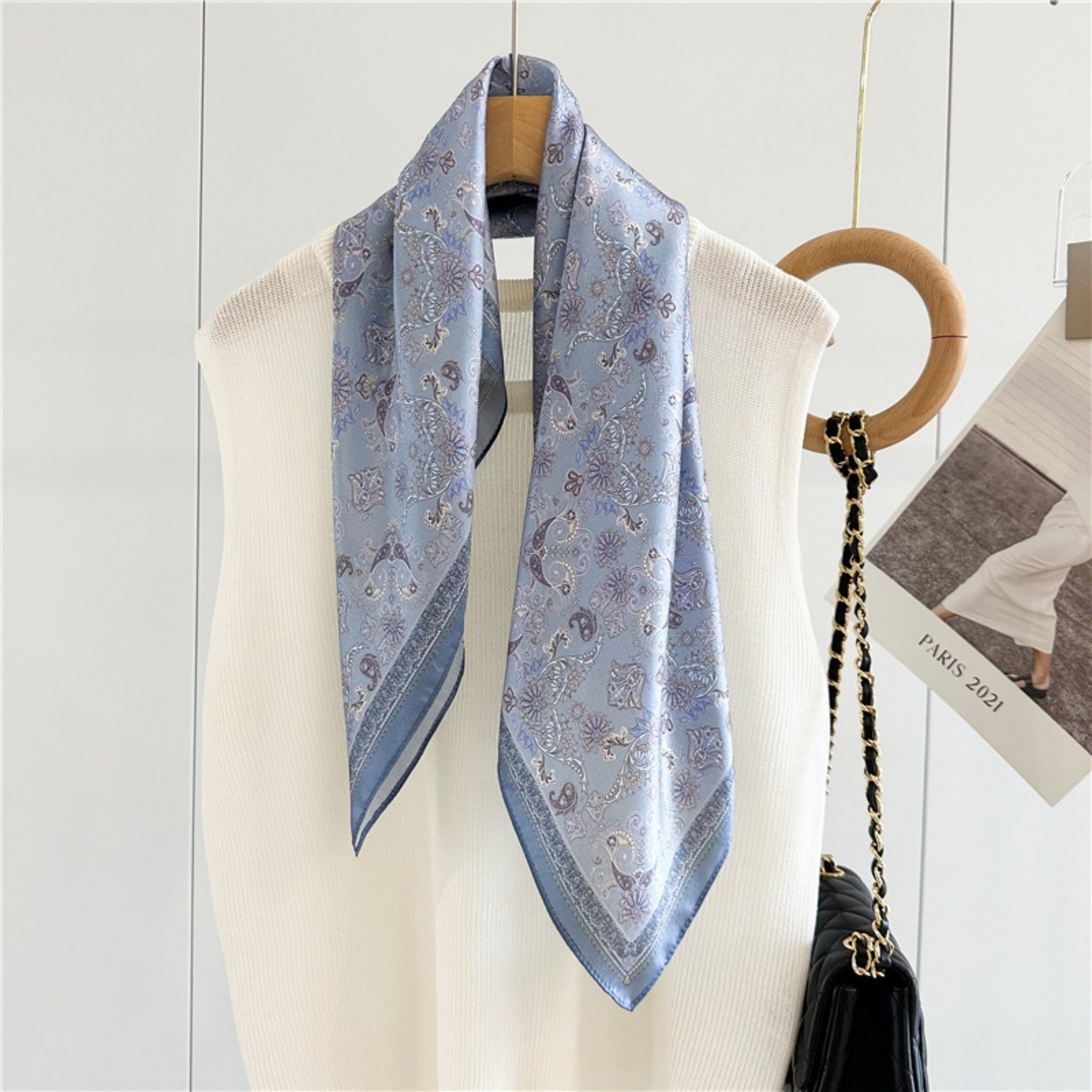 26'' Light Blue Ditsy Floral Mulberry Silk Scarf – Delicate Women’s Square Shawl with Charming, Airy Print