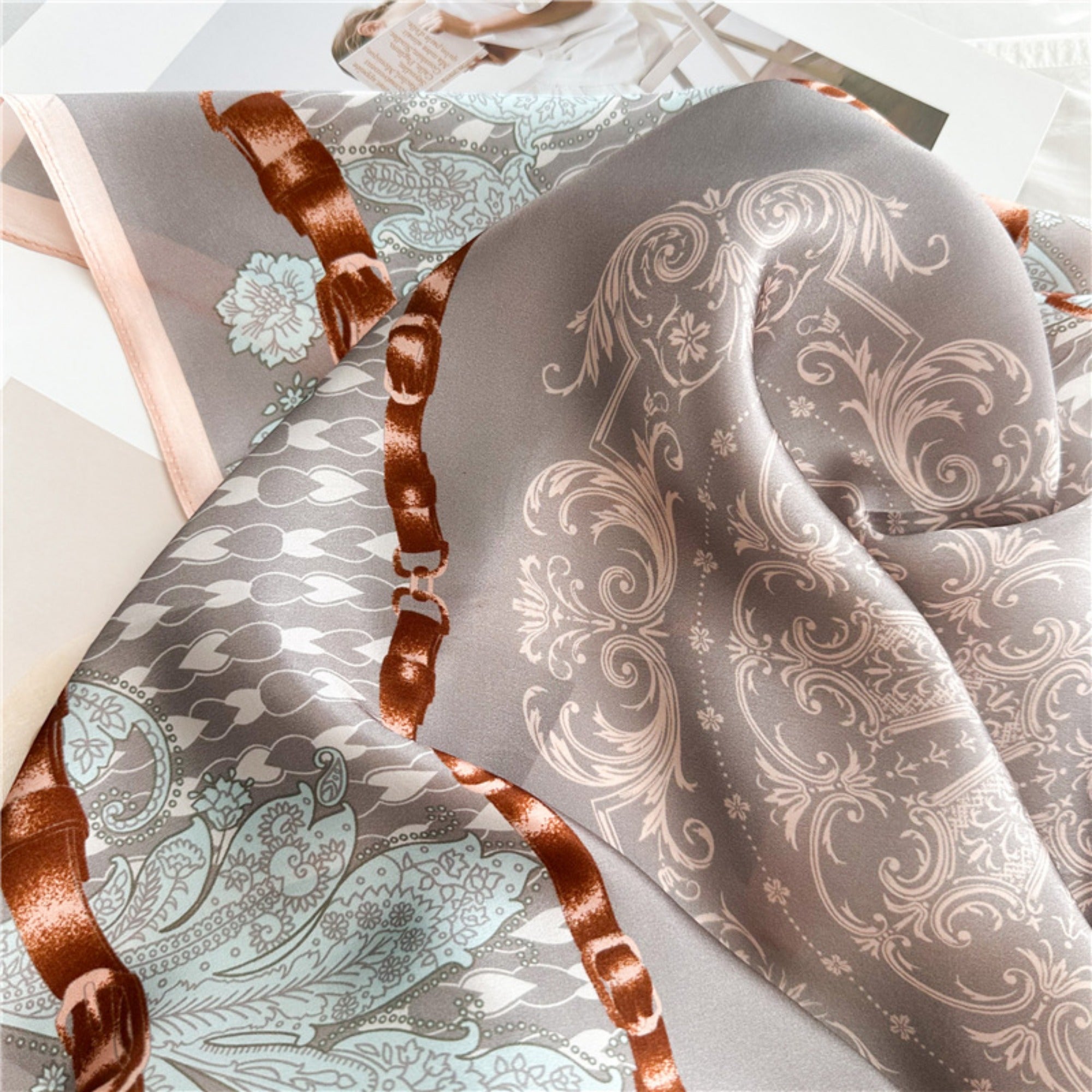 26'' Gray Pink Floral Mulberry Silk Scarf – Elegant Floral Square Silk Shawl for Women, Soft & Feminine Accessory