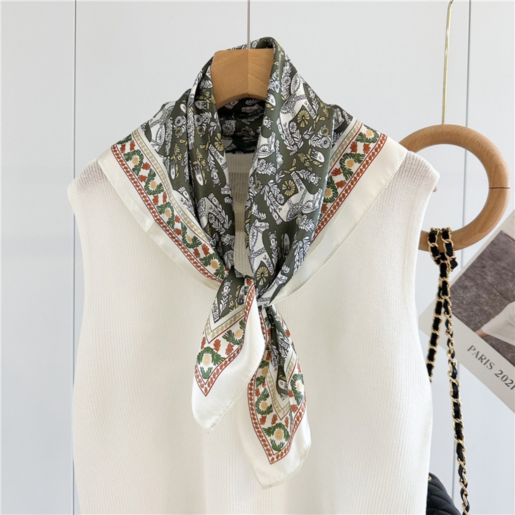 Green Equestrian Horse Print Silk Scarf | 100% Mulberry Silk 26'' Square Scarf