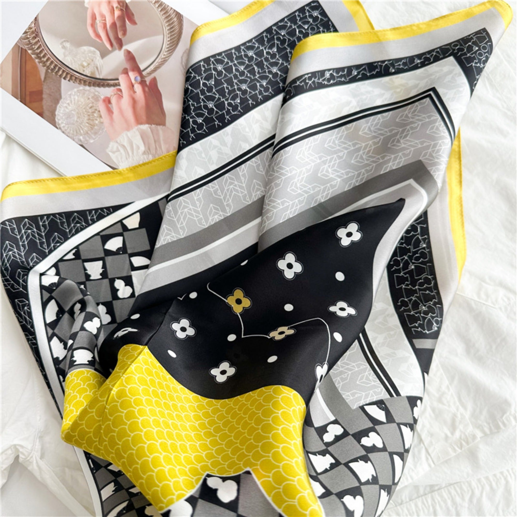 26'' Puzzle Yellow Border Mulberry Silk Scarf – Modern Geometric Square Silk Shawl for Women, Elegant and Unique Accessory