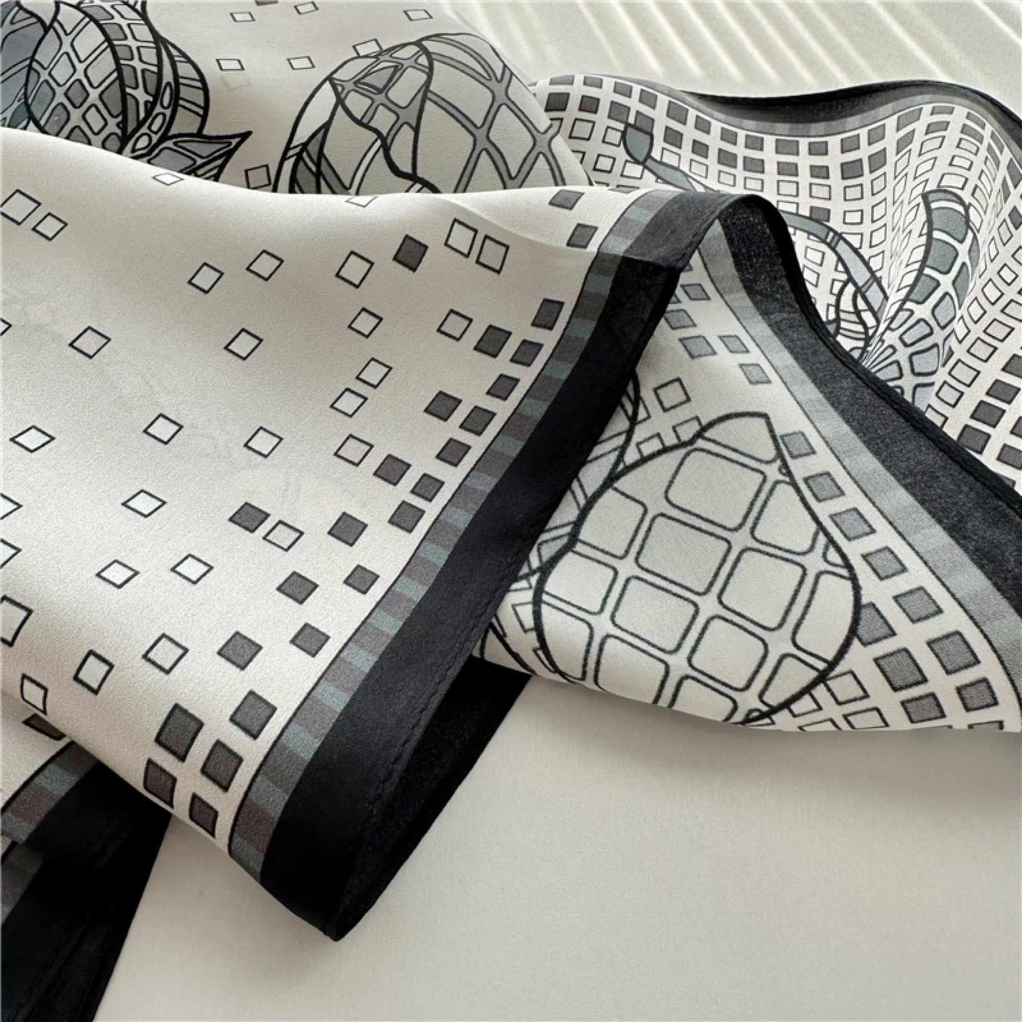 26'' Minimalist Grey Floral Mulberry Silk Scarf – Elegant & Subtle Square Silk Shawl for Women, Modern Floral Design