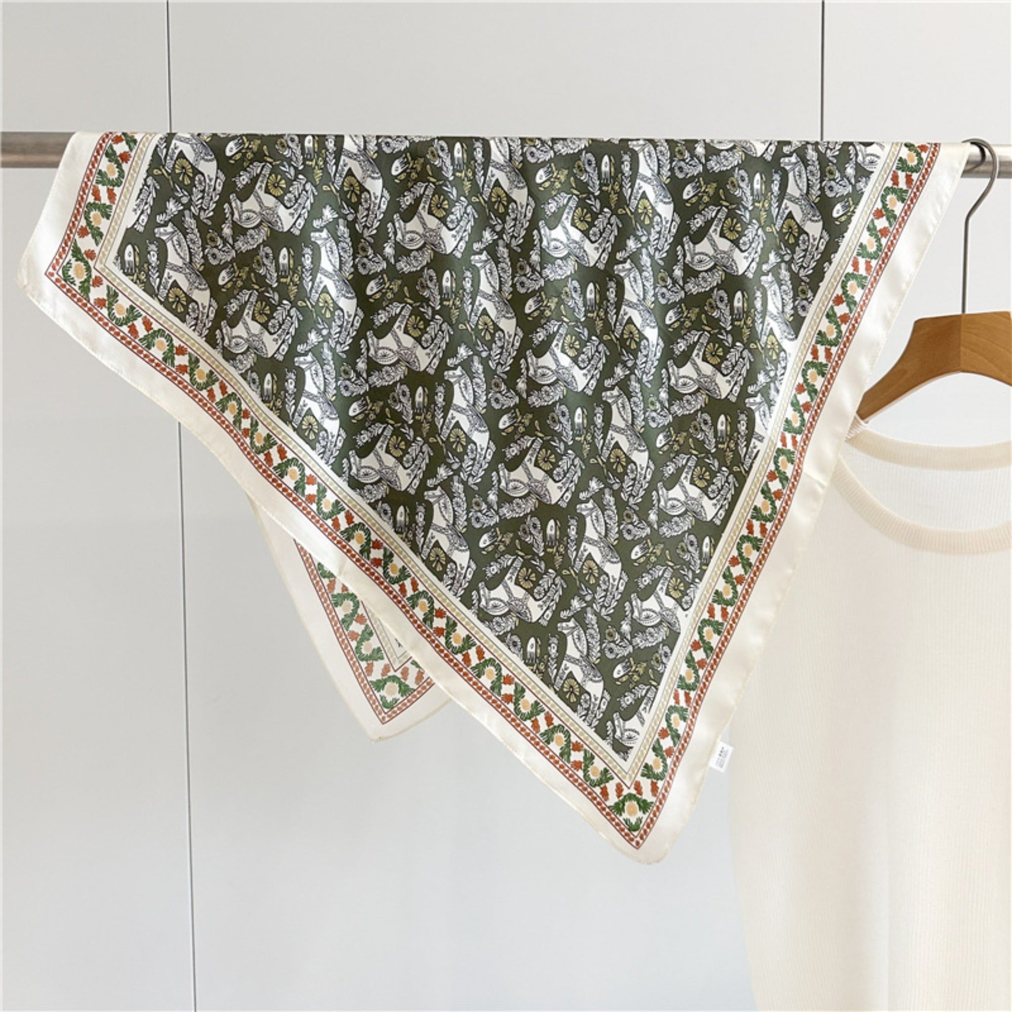 Green Equestrian Horse Print Silk Scarf | 100% Mulberry Silk 26'' Square Scarf