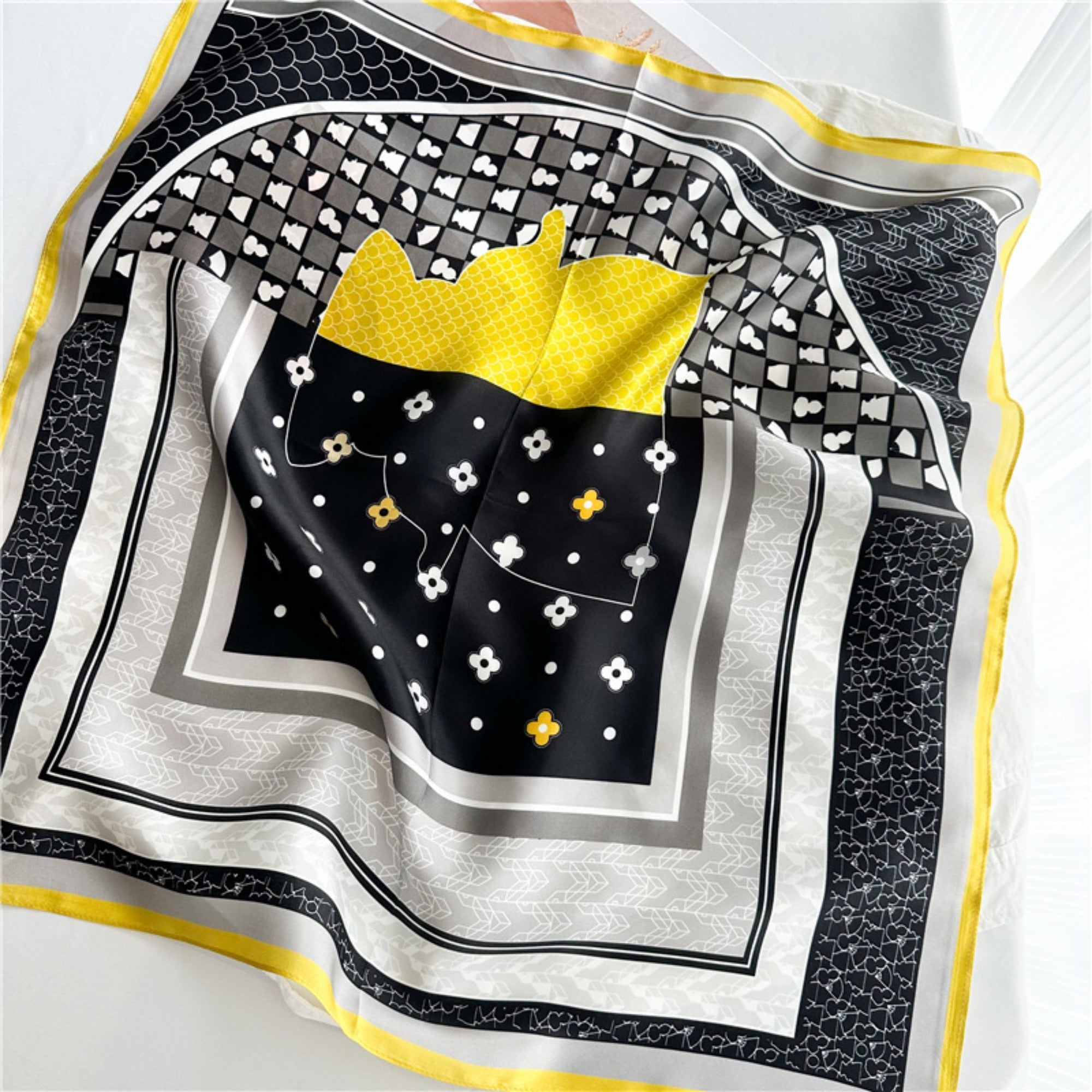 26'' Puzzle Yellow Border Mulberry Silk Scarf – Modern Geometric Square Silk Shawl for Women, Elegant and Unique Accessory