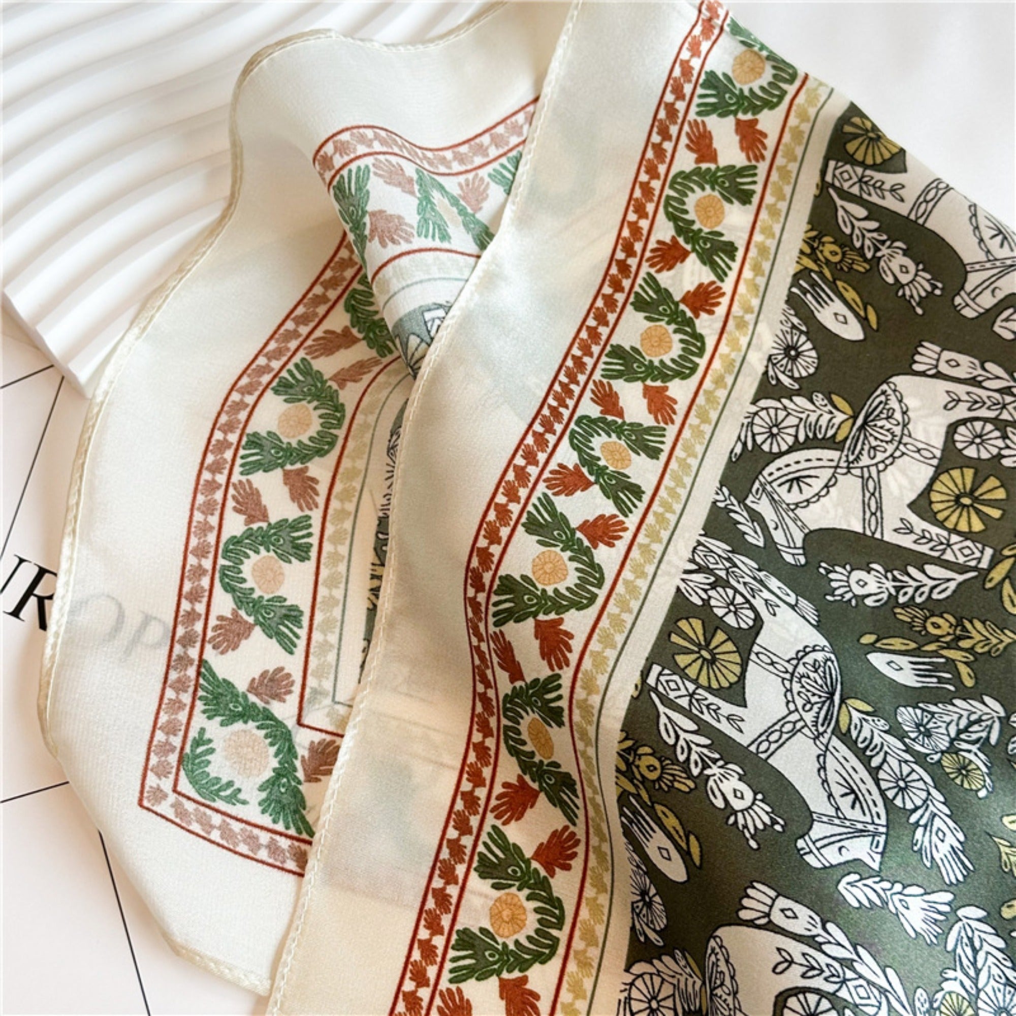 Green Equestrian Horse Print Silk Scarf | 100% Mulberry Silk 26'' Square Scarf