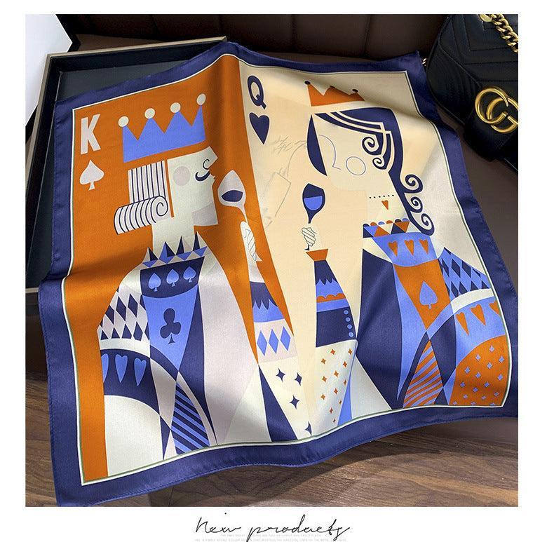 New Ins style playing card printed silk scarf/100% Mulberry silk scarf/Color block pattern small square scarf/Gift for her