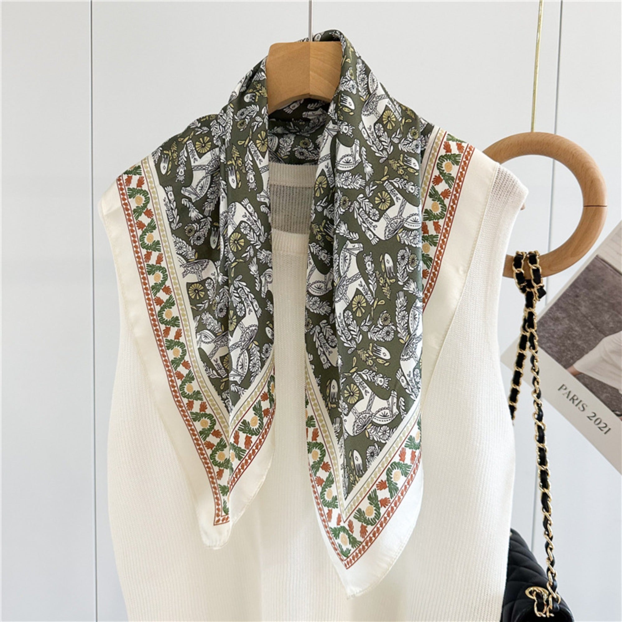 Green Equestrian Horse Print Silk Scarf | 100% Mulberry Silk 26'' Square Scarf