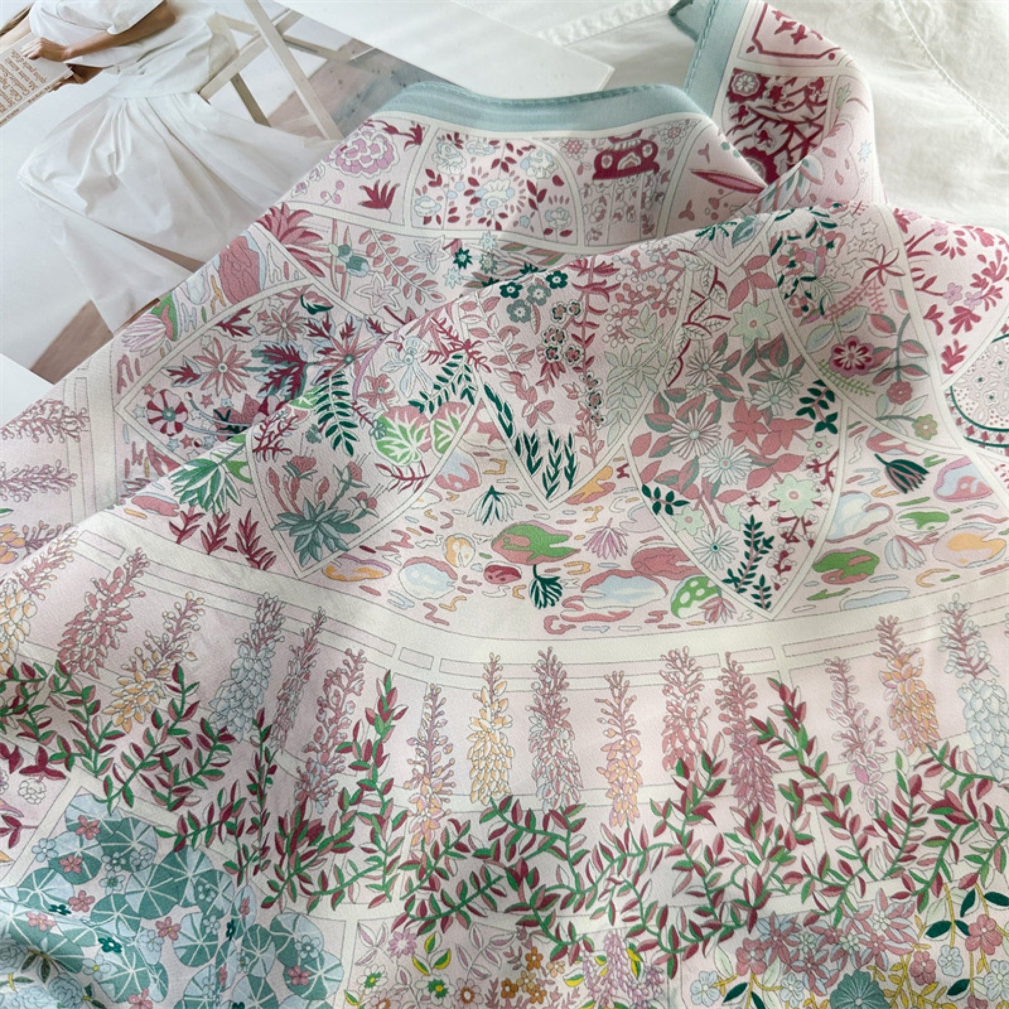 26'' Pink Monet Garden Mulberry Silk Scarf – Artistic Floral Square Silk Shawl for Women, Romantic & Elegant Accessory