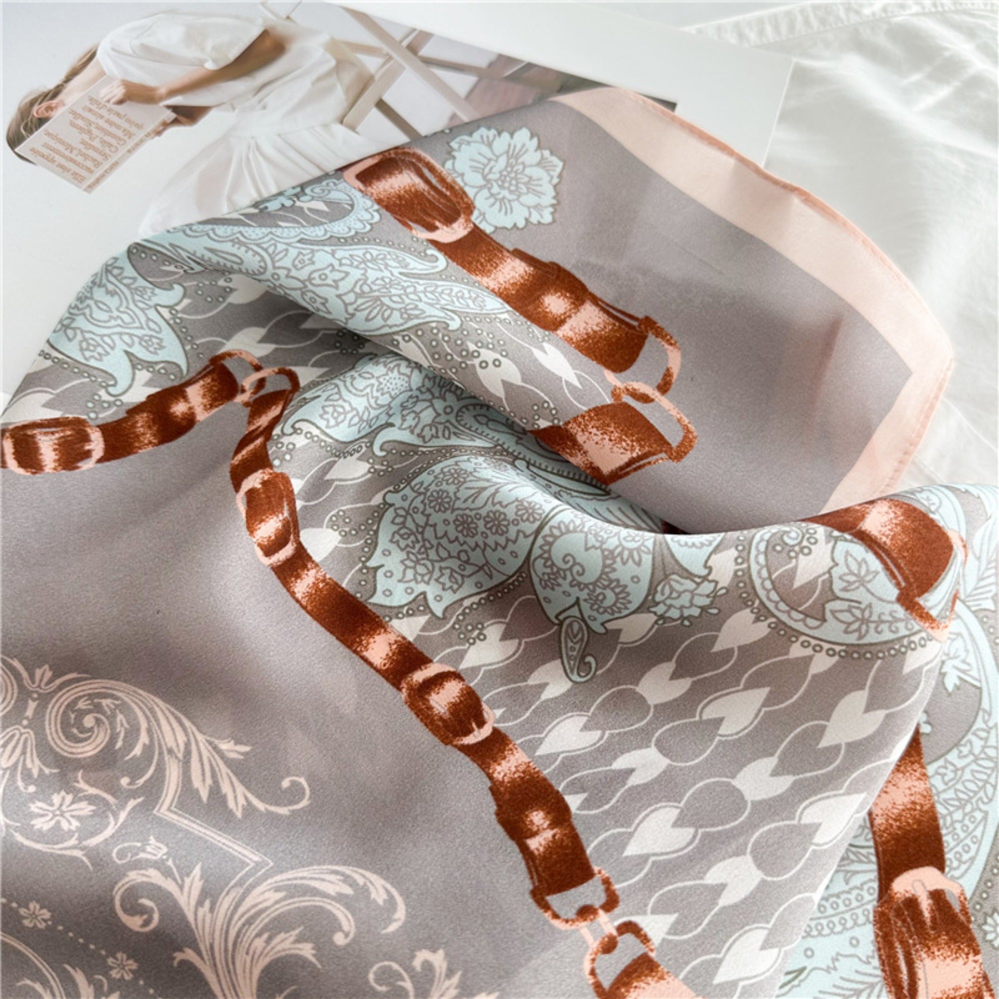 26'' Gray Pink Floral Mulberry Silk Scarf – Elegant Floral Square Silk Shawl for Women, Soft & Feminine Accessory