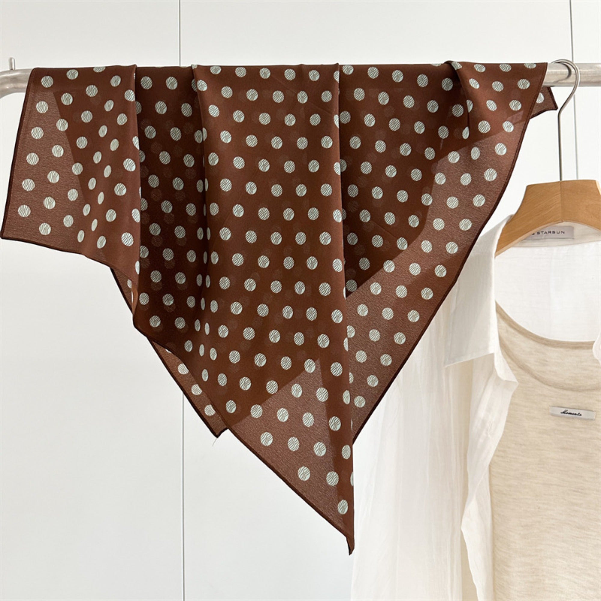 26'' Brown & Green Polka Dot Mulberry Silk Scarf – Vintage Square Silk Shawl for Women, Elegant & Retro-Chic Accessory