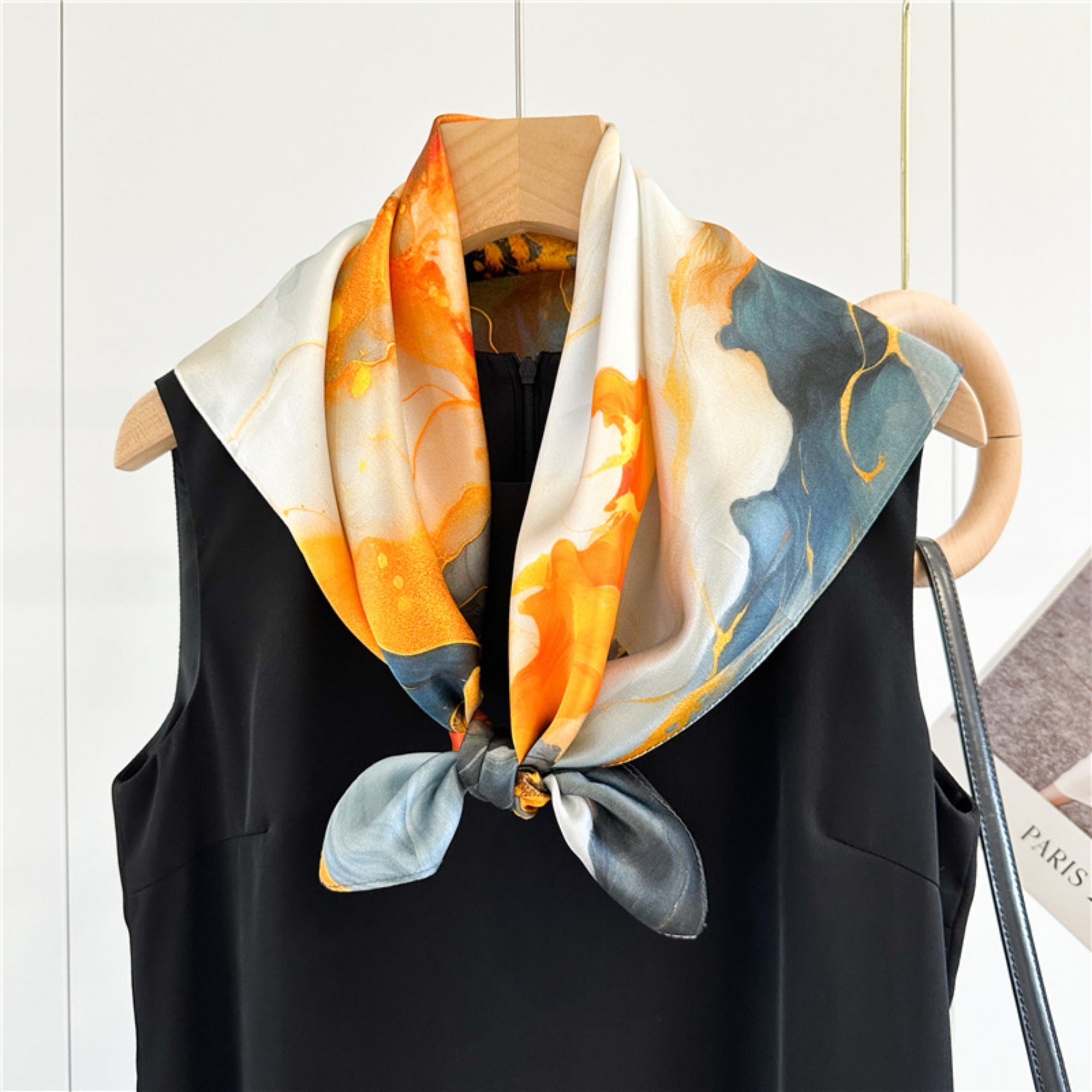 26'' Orange Gilded Mulberry Silk Scarf – Elegant & Luxurious Square Silk Shawl for Women, Golden Accent Accessory