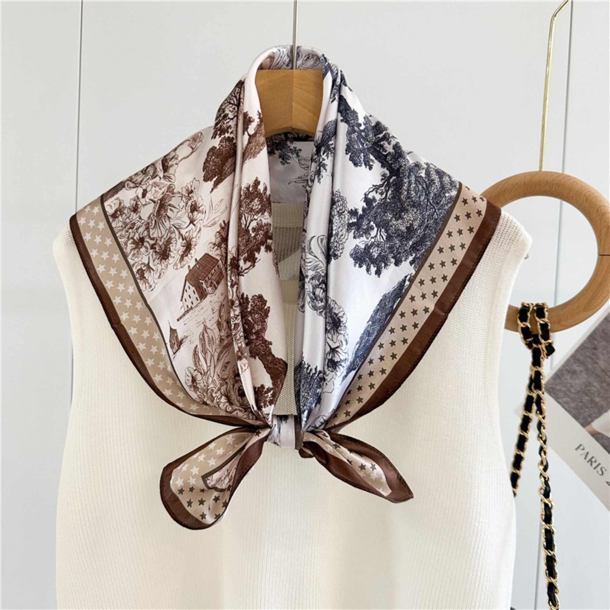 26'' Vintage Jungle Mulberry Silk Scarf with Coffee Border – Bold & Retro Square Silk Shawl for Women, Tropical Jungle Design