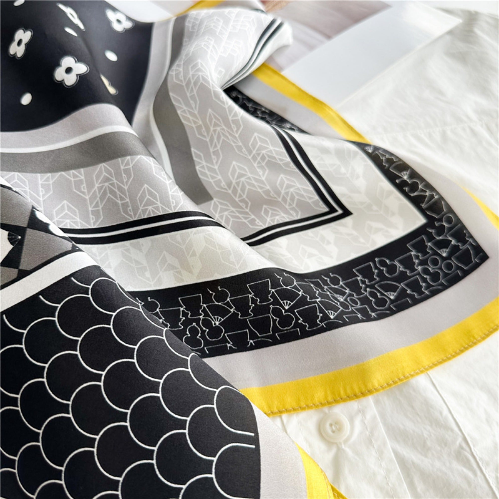 26'' Puzzle Yellow Border Mulberry Silk Scarf – Modern Geometric Square Silk Shawl for Women, Elegant and Unique Accessory