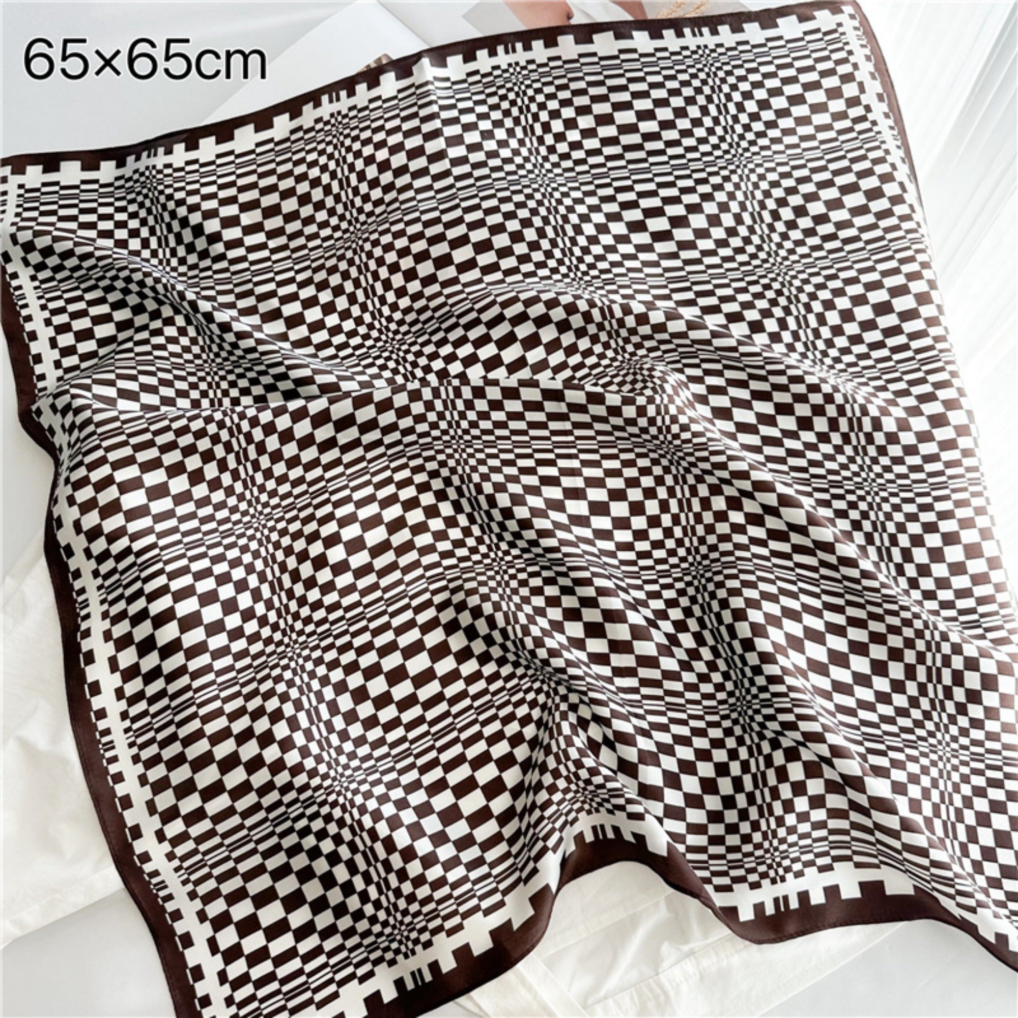 26'' Coffee Plaid Mulberry Silk Scarf – Sophisticated Women’s Square Shawl with a Classic, Elegant Check Pattern