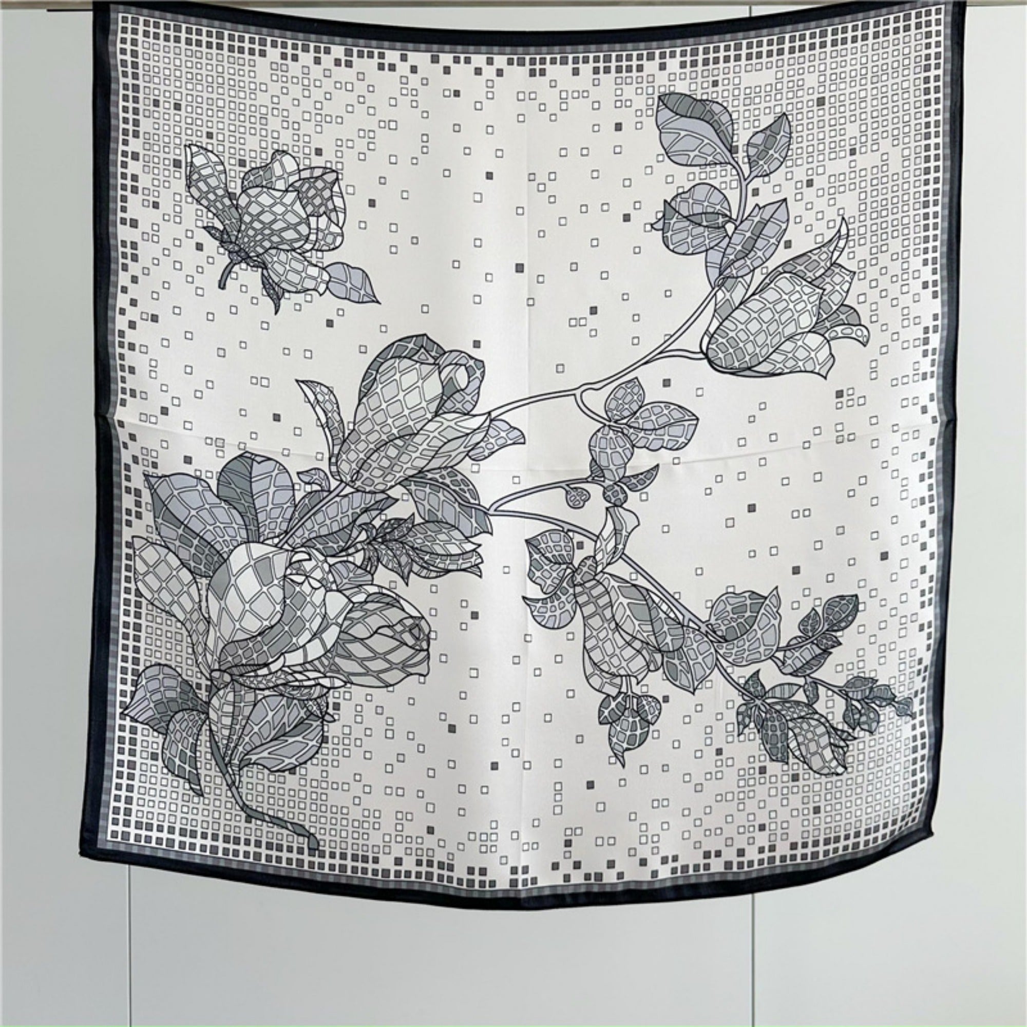 26'' Minimalist Grey Floral Mulberry Silk Scarf – Elegant & Subtle Square Silk Shawl for Women, Modern Floral Design