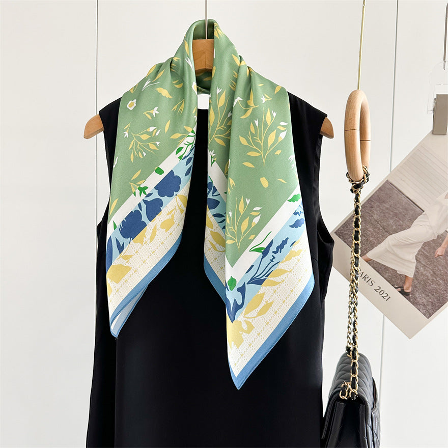 65cm Fresh Floral Mulberry Silk Scarf – Elegant Square Silk Shawl for Women, Lightweight & Versatile Accessory