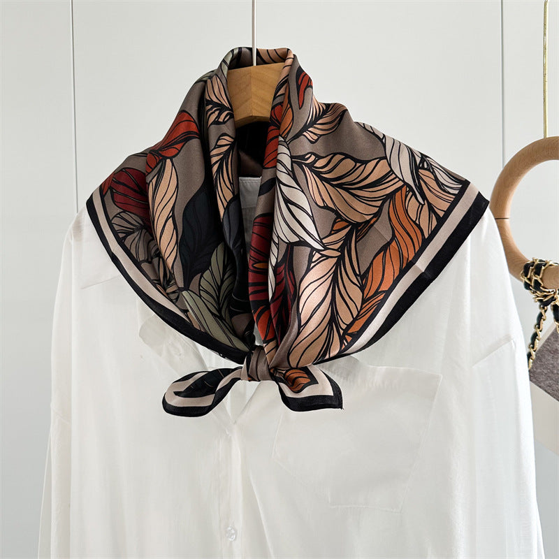 65cm Mulberry Silk Leaf Print Scarf – Double Crepe Square Shawl for Spring and Summer