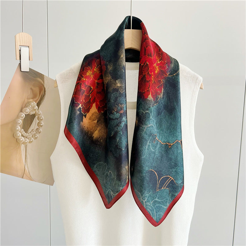 26'' Chinese Aesthetic Flower Bloom Mulberry Silk Scarf – Elegant Women's Silk Shawl, Spring & Summer Fashion Accessory