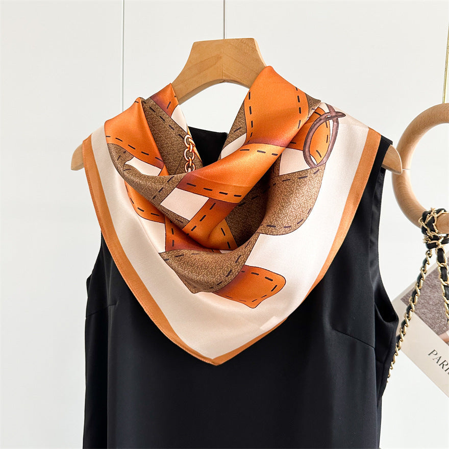 65cm Belt Pattern Mulberry Silk Scarf – Square Silk Shawl for Women, Elegant & Versatile Accessory