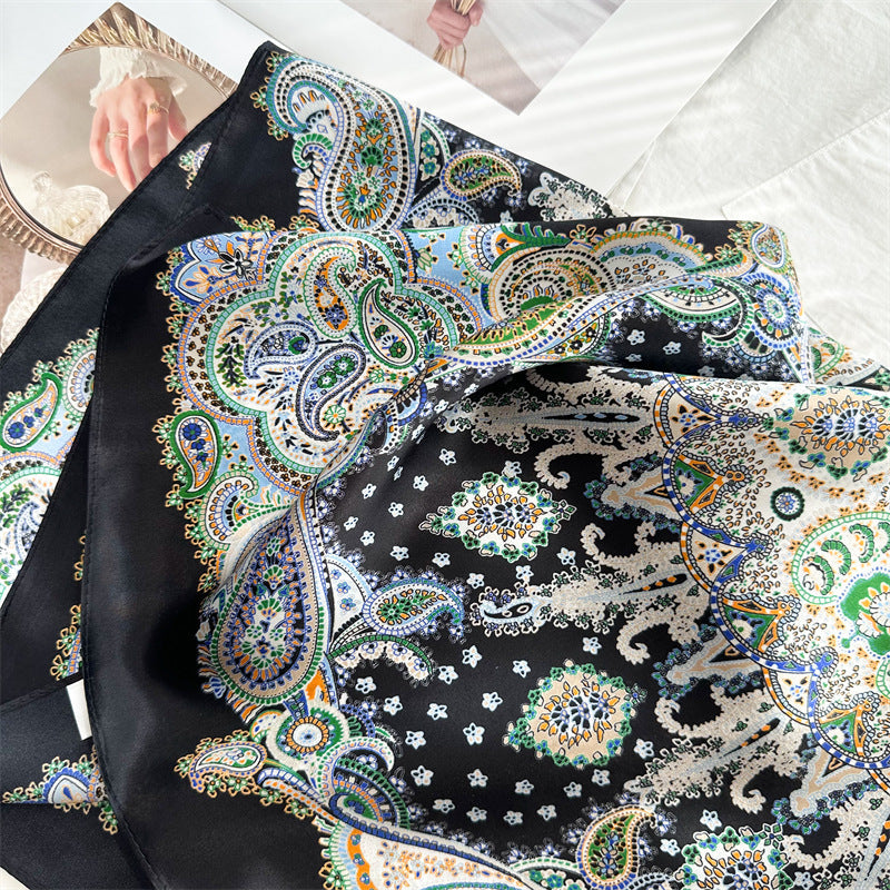 26'' Black Base Colorful Paisley Mulberry Silk Scarf – Elegant Square Silk Shawl for Women, Luxury Fashion Accessory
