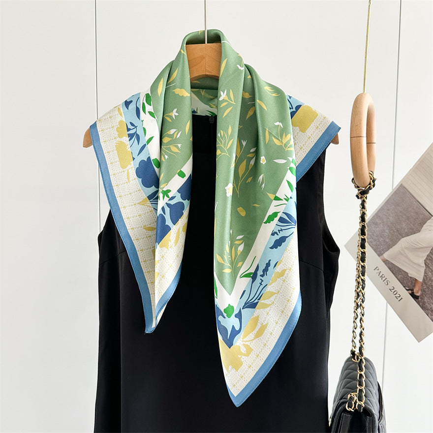65cm Fresh Floral Mulberry Silk Scarf – Elegant Square Silk Shawl for Women, Lightweight & Versatile Accessory