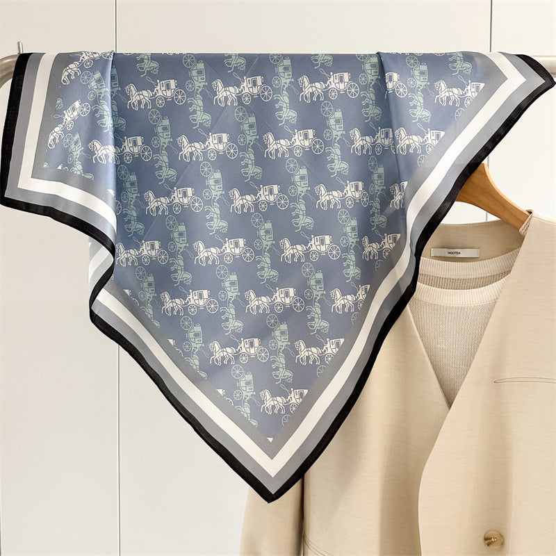Denim Blue Carriage Print Mulberry Silk Scarf – 65cm Square Double Crepe Shawl