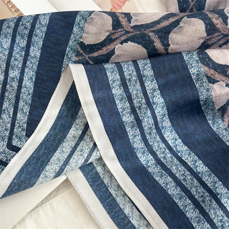 65cm Blue Lily of the Valley Mulberry Silk Scarf – Elegant Square Silk Shawl for Women, Fresh & Versatile Accessory