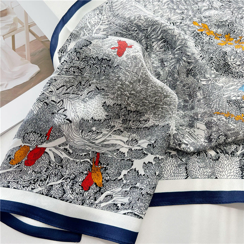 65cm Mulberry Silk Whimsical Garden Scarf Double Crepe Spring Summer Square Shawl