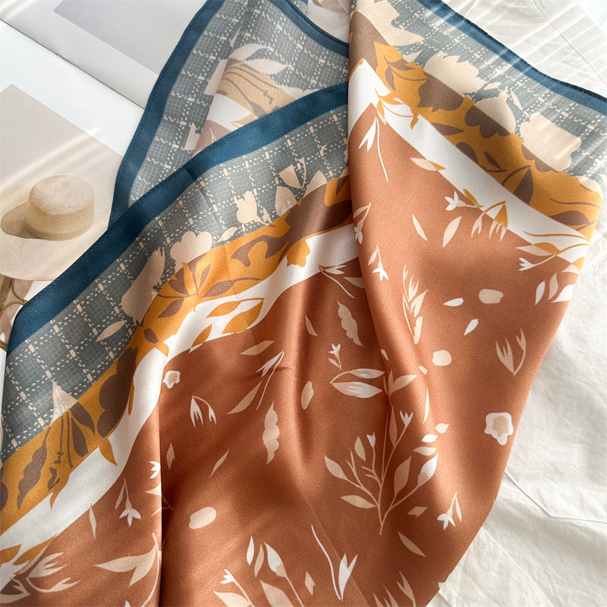 65cm Fresh Floral Mulberry Silk Scarf – Elegant Square Silk Shawl for Women, Lightweight & Versatile Accessory