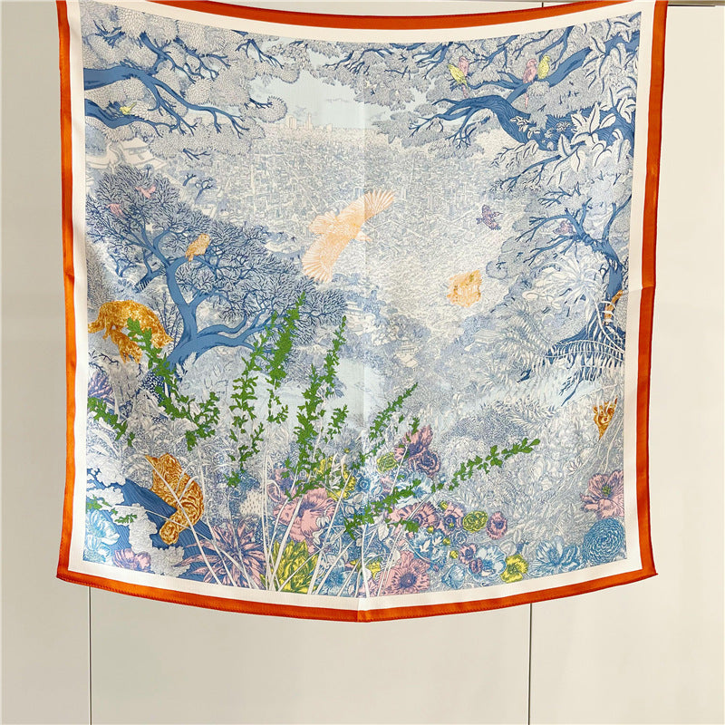 65cm Mulberry Silk Whimsical Garden Scarf Double Crepe Spring Summer Square Shawl