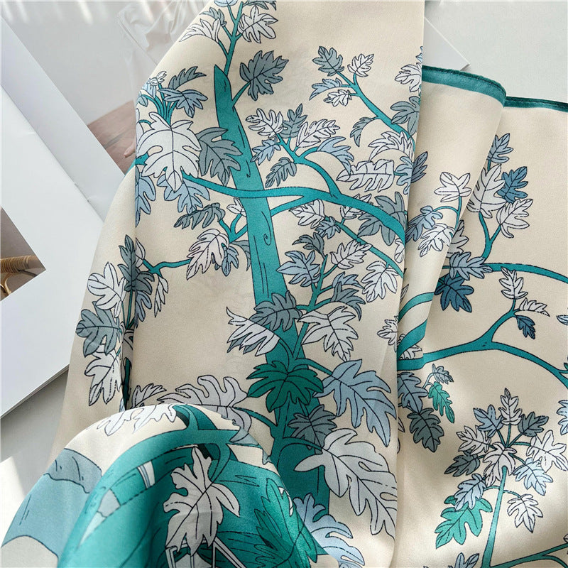 26'' Light Blue Jungle-Inspired Mulberry Silk Scarf – Soft & Elegant Square Silk Shawl for Women, Nature-Inspired Accessory