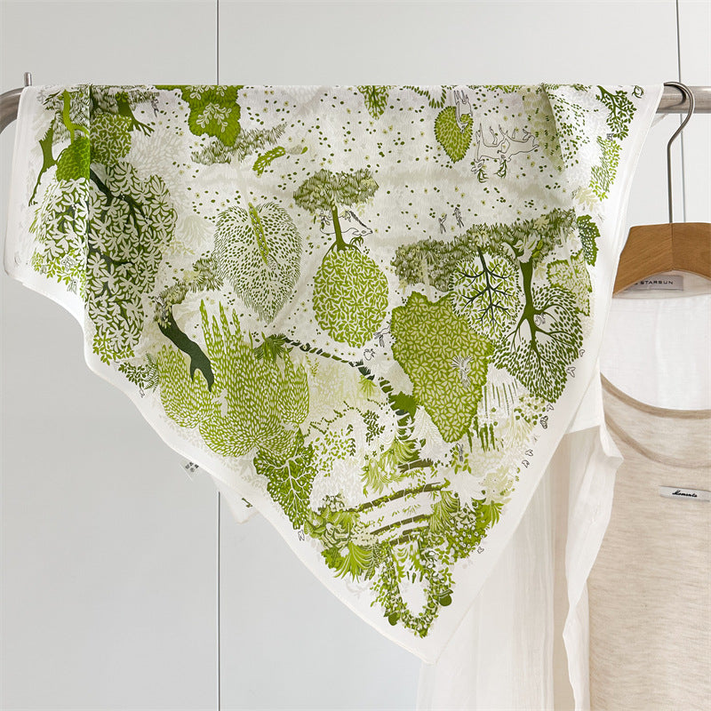 26'' Forest Blue Mulberry Silk Scarf – Nature-Inspired Square Silk Shawl for Women, Calm & Elegant Accessory