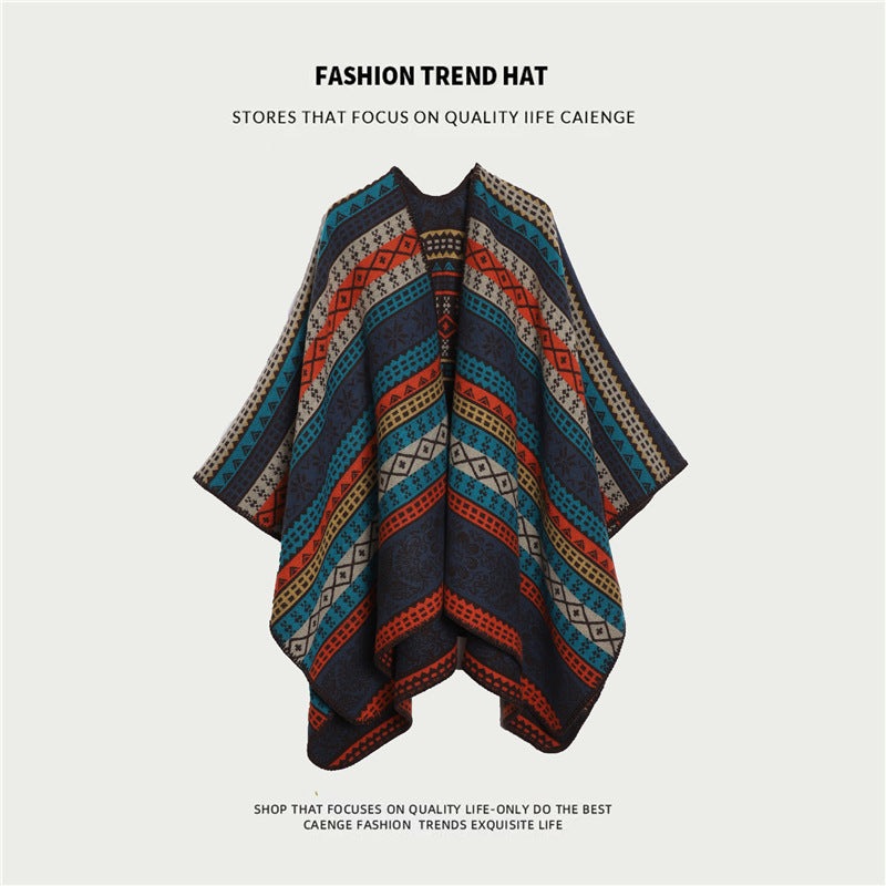 Ethnic Style Women's Shawl, Thickened Cape Coat for Autumn and Winter, Travel Photography Split Cloak