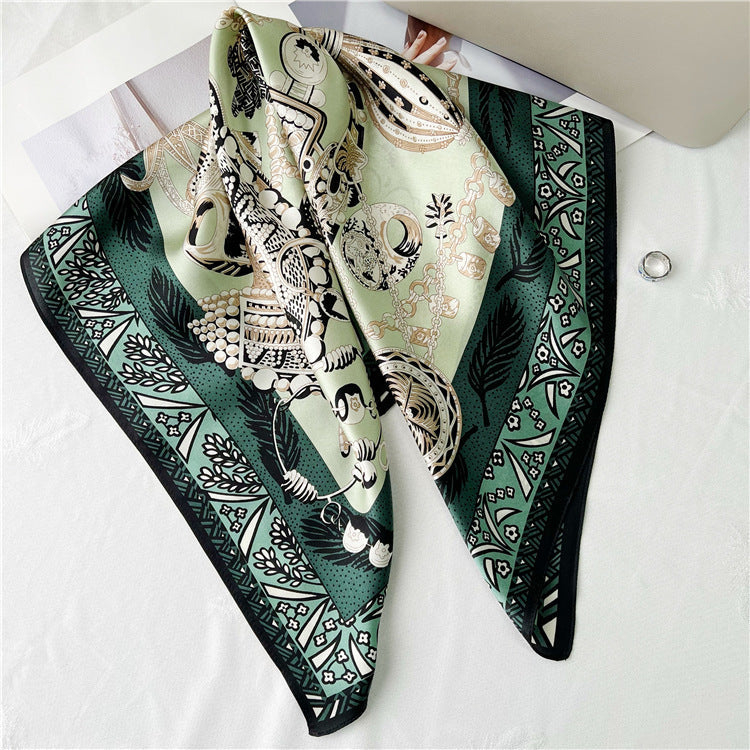 26'' Green Scepter Mulberry Silk Scarf – Elegant Square Silk Shawl for Women, Royal-Inspired Luxury Accessory