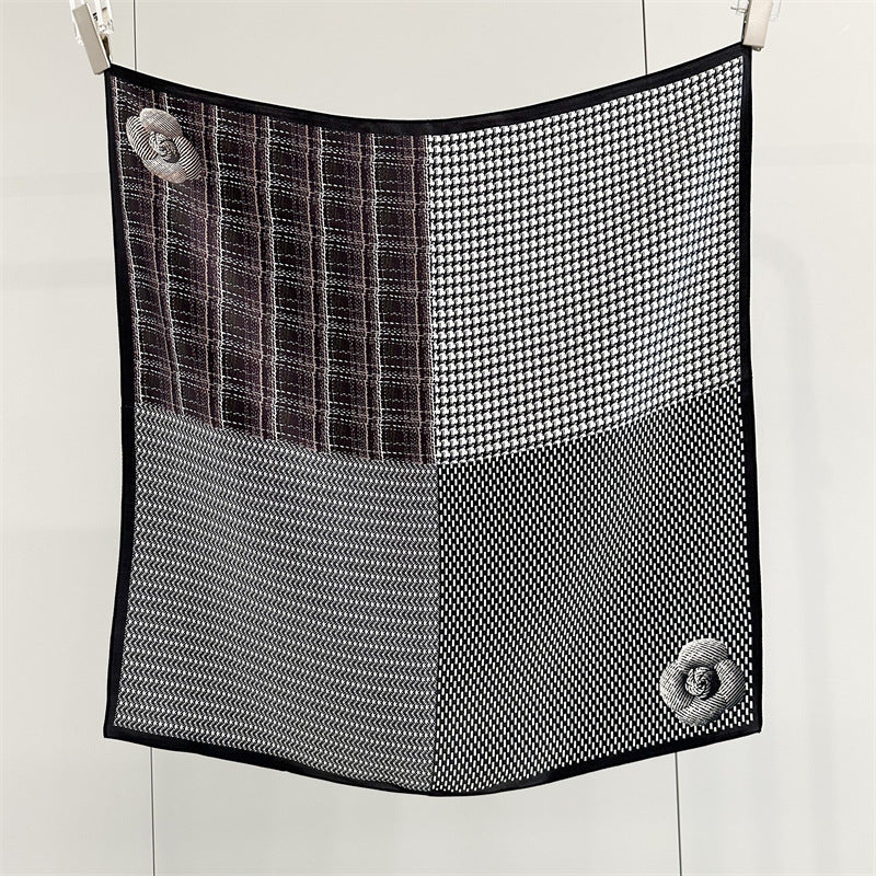 65cm Mulberry Silk Scarf – Plaid, Houndstooth & Rose Print Double Crepe Square Shawl for Spring & Summer