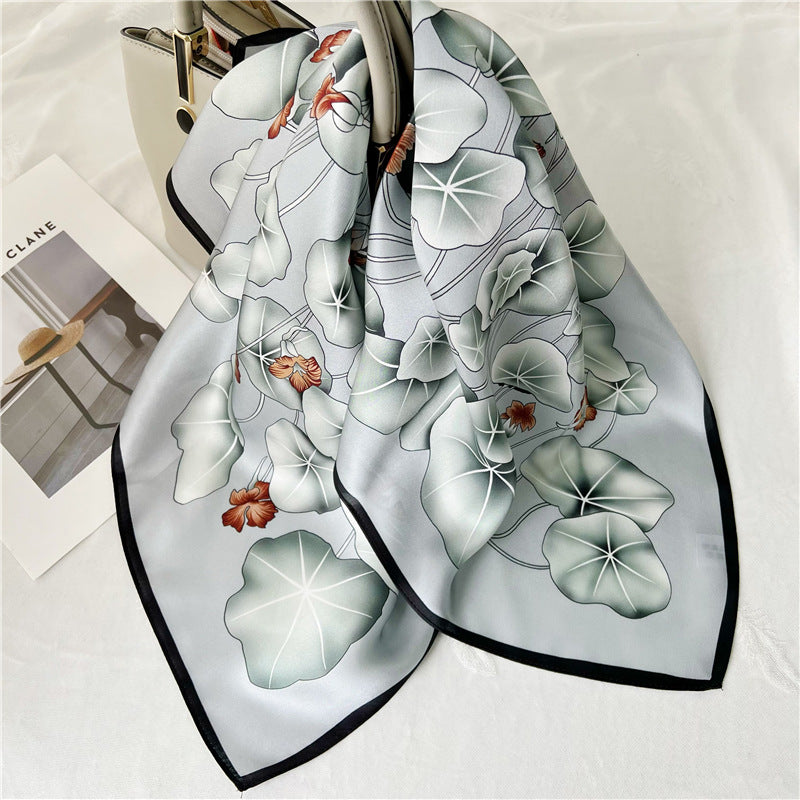 65cm Lotus Leaf Mulberry Silk Scarf – Women’s Autumn Style, Versatile Chinese Square Silk Scarf