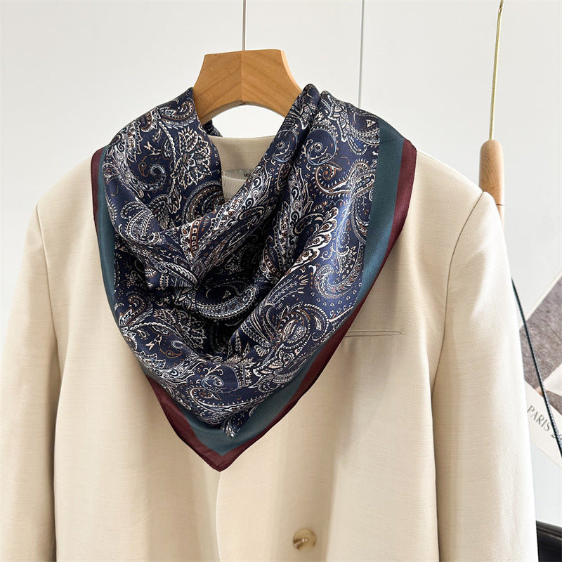 65cm Mulberry Silk Classic Paisley Scarf – Navy Blue Double Crepe Square Shawl for Spring & Summer